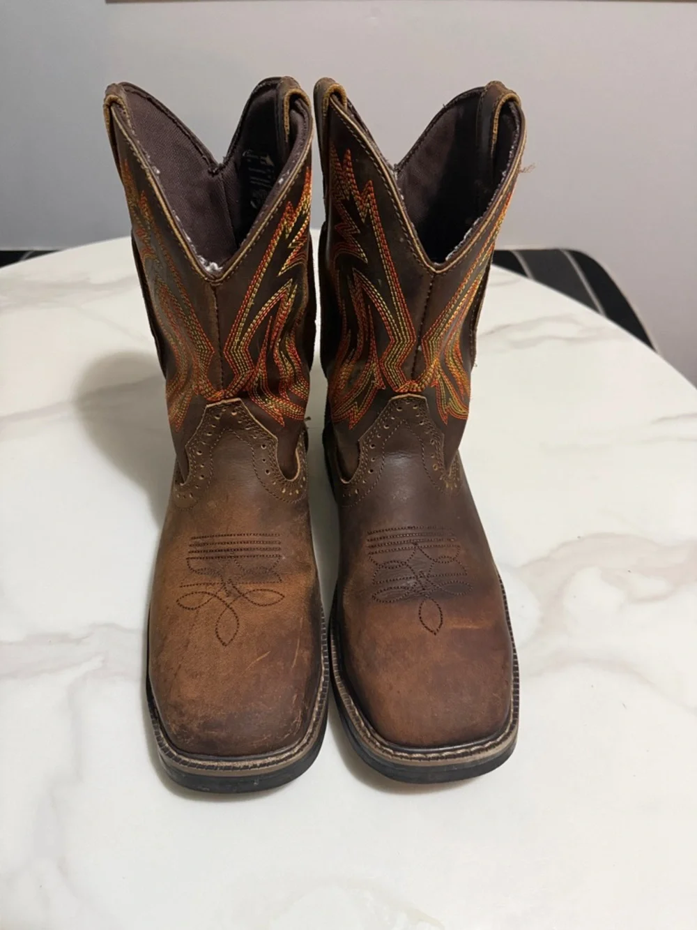 Brown Men's Pull-On Work Boots with Orange Stitching